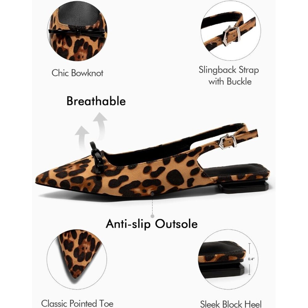 Women Leopard Slingback Bow Slip on  Pointed Toe Buckle Comfortable Ballet Flats - Picture 5 of 5